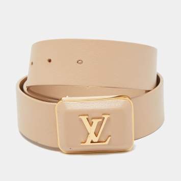 Pre Owned Louis Vuitton Beige Leather LV Logo Belt 85CM