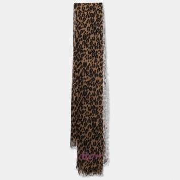 Pre Owned Louis Vuitton Brown Leopard Printed Cashmere & Silk Scarf