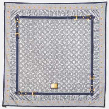 Pre Owned Louis Vuitton Navy Blue Monogram Denim Printed Silk Square Scarf