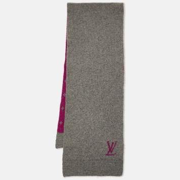Pre Owned Louis Vuitton Grey/Purple Monogram Cashmere Blend Reversible Muffler
