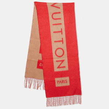 Pre Owned Louis Vuitton Red/Brown Logo Cashmere Baroda Muffler