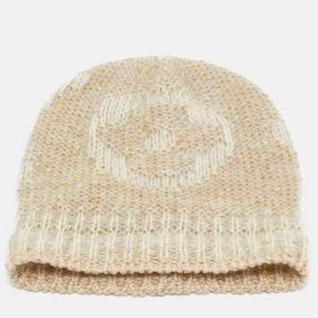 Pre Owned Louis Vuitton Beige Sequined Monogram Mohair Wool Blend Sunset Beanie
