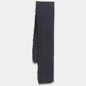Pre Owned Louis Vuitton Black Monogram Silk and Wool Fringed Large Sqaure Shawl 
