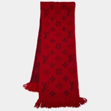 Pre Owned Louis Vuitton Red Wool & Silk Jacquard Logomania Scarf