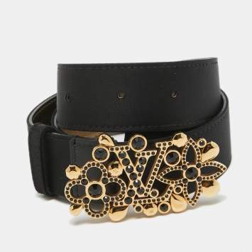 Pre Owned Louis Vuitton Black Satin Crystal Fleurs Runway Belt 85CM