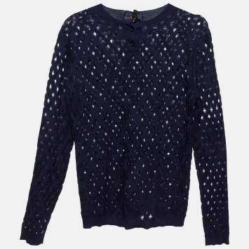 Pre Owned Louis Vuitton Navy Blue Pointelle Knit Sheer Sweatshirt M