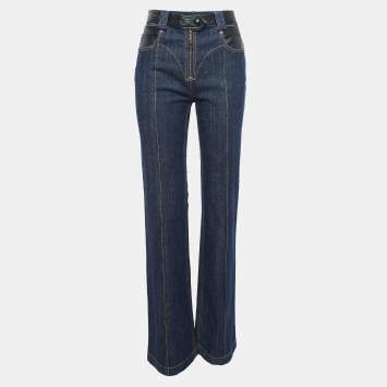 Pre Owned Louis Vuitton Navy Blue Leather Trim Denim Straight Jeans M Waist 31"