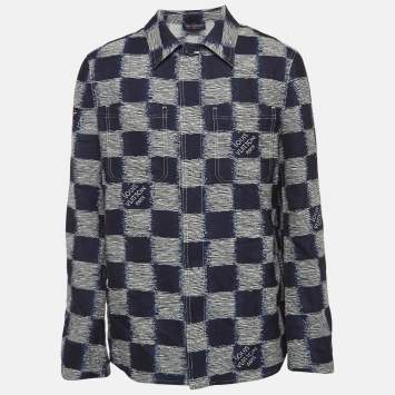 Pre Owned Louis Vuitton Navy Blue Checkered Patterned Wool Shirt M
