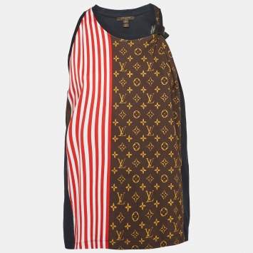 Pre Owned Louis Vuitton Black Monogram Print & Striped Tank Top XL