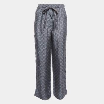 Pre Owned Louis Vuitton Blue Monogram Print Silk Wide-Leg Pants S