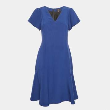 Pre Owned Louis Vuitton Blue Silk V-Neck Panelled Short Dress M