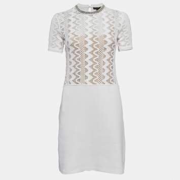 Pre Owned Louis Vuitton White Lace and Knit Trim Neck Mini Dress S
