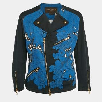 Pre Owned Louis Vuitton Blue Floral & Leopard Print Denim Zip Up Jacket L
