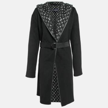 Pre Owned Louis Vuitton Black Wool Monogram Open-Front Hooded Coat M