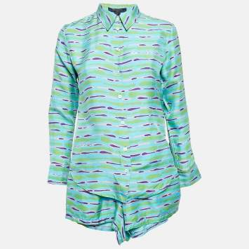 Pre Owned Louis Vuitton Blue Saturated Epi Print Silk Shirt and Shorts Set S