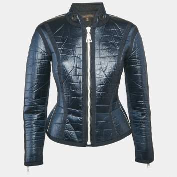 Pre Owned Louis Vuitton Navy Blue Textured Neoprene Biker Jacket M