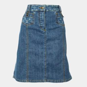 Pre Owned Louis Vuitton Blue Washed Denim Logo Jacquard Detail Skirt L