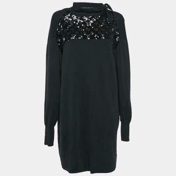 Pre Owned Louis Vuitton Black Sequin Monogram Embellished Wool Knit Sweater Dress XL
