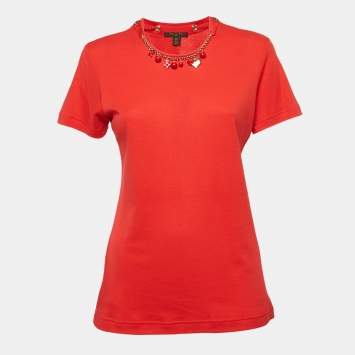 Pre Owned Louis Vuitton Red Charm Detail Neck Jersey T-Shirt XL