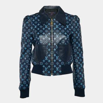 Pre Owned Louis Vuitton Navy Blue Monogram Leather Zip-Up Jacket S