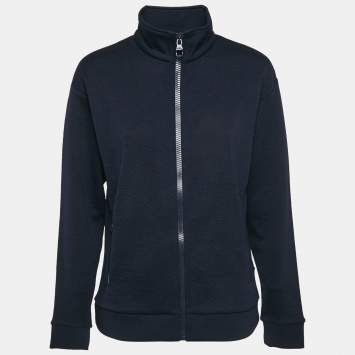 Pre Owned Louis Vuitton Navy Blue Monogram Jacquard Knit Zip Front Jacket XS