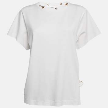 Pre Owned Louis Vuitton White Cotton Knit Neck Detail Top L