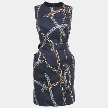Pre Owned Louis Vuitton Navy Blue Chain Print Cotton Belted Mini Dress S