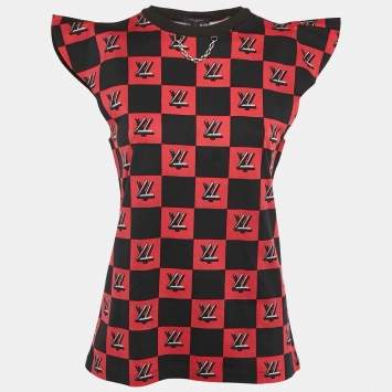 Pre Owned Louis Vuitton Black/Red Logo Checkered Jersey Cap Sleeve Top M