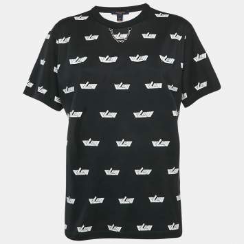 Pre Owned Louis Vuitton Black/White Logo Printed Cotton Chain Detail Crew Neck T-Shirt L