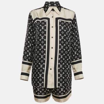 Pre Owned Louis Vuitton Black Monogram Print Silk Shirt and Shorts Set M
