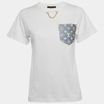 Pre Owned Louis Vuitton White Cotton Logo Jacquard Denim Pocket Detail T-Shirt XS
