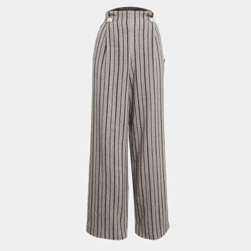 Louis Vuitton Grey Striped Wool High-Waist Wide Leg Trousers M