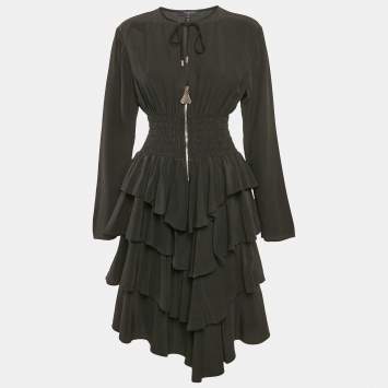 Pre Owned Louis Vuitton Black Crepe Shirring Detail Tiered Short Dress L