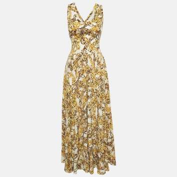 Louis Vuitton Yellow Chain Print Silk Blend Sleeveless Maxi Dress S