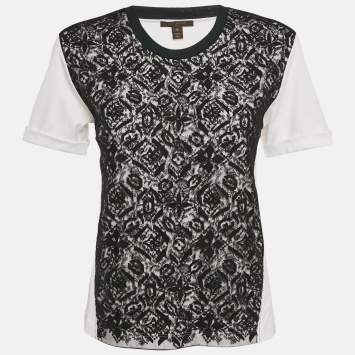 Pre Owned Louis Vuitton White/Black Cotton Lace Overlay Detail Crew Neck T-Shirt S