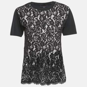 Pre Owned Louis Vuitton Black Cotton Lace Overlay Crew Neck T-Shirt XS