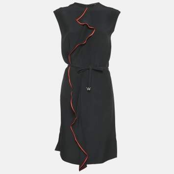 Louis Vuitton Black Silk Contrast Trim Detail Belted Midi Dress M