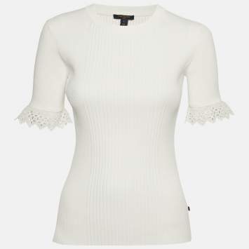 Louis Vuitton White Broderie Anglaise Trim Rib Knit Top S