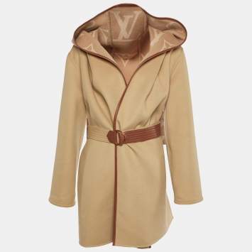 Louis Vuitton Beige Monogram Wool Double Face Hooded Wrap Coat M