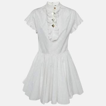 Pre Owned Louis Vuitton White Logo Dobby Cotton Ruffled Mini Dress M