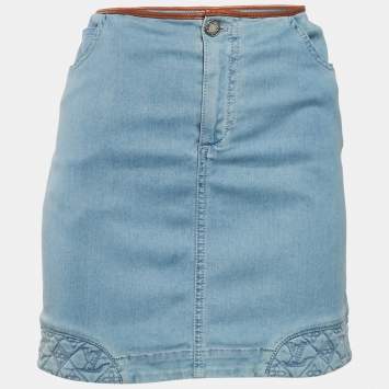 Pre Owned Louis Vuitton Blue Denim Logo Quilt Detail Mini Skirt M Waist: 29”