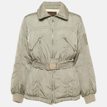 Pre Owned Louis Vuitton Grey Nylon Zip-Up Belted Down Jacket M