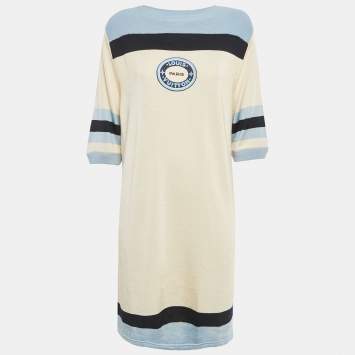 Pre Owned Louis vuitton Cream/Blue Applique Stretch Knit T-Shirt Dress L