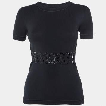Louis Vuitton Black Stretch Knit Embellished Panel Top S