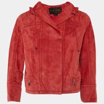 Louis Vuitton Red Suede Ruffled Neck Zip Front Jacket M