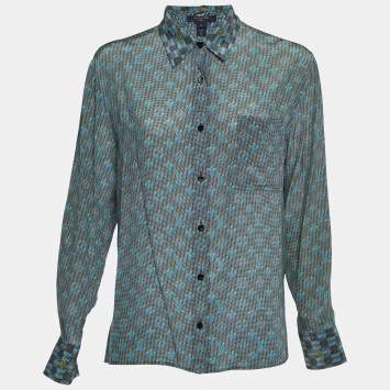 Pre Owned Louis Vuitton Blue Logo Print Silk Button Front Shirt S