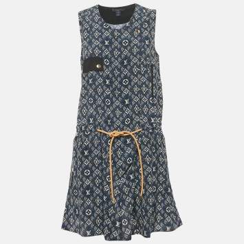 Louis Vuitton Navy Blue Logo Print Silk Sleeveless Mini Dress M