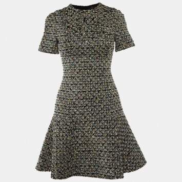 Pre Owned Louis Vuitton Monochrome Embellished Tweed Mini Dress S