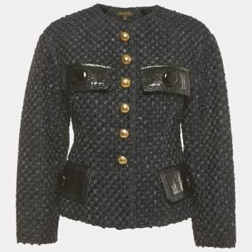 Pre Owned Louis Vuitton Navy Blue Patterned Wool Blend Buttoned Jacket M 
