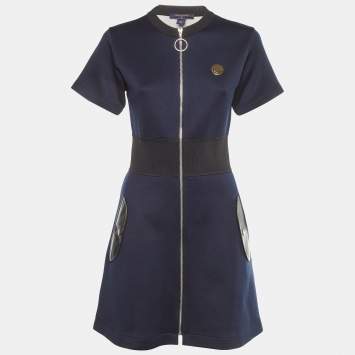 Pre Owned Louis Vuitton Navy Blue Cotton Jersey Zip Front Dress S